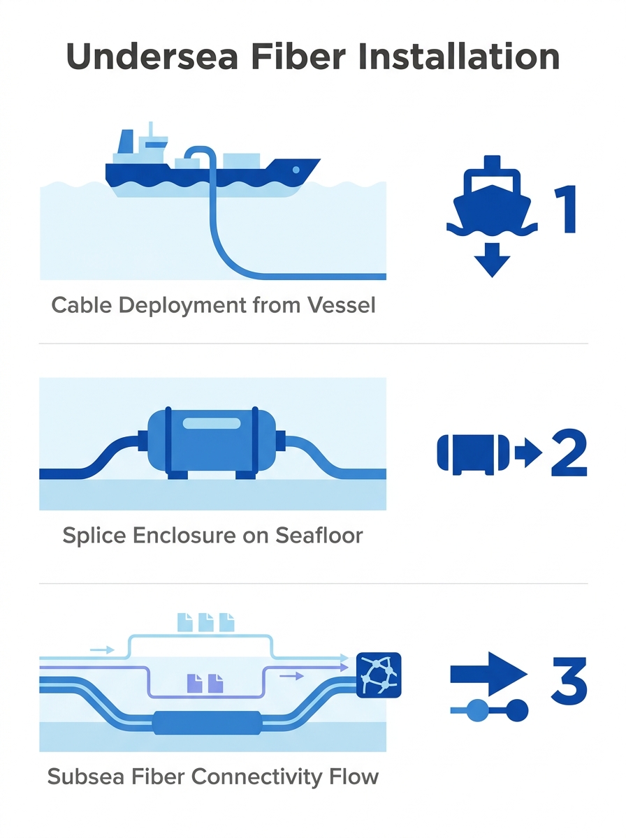 Undersea fiber optic cable installation with splice enclosure on ocean floor