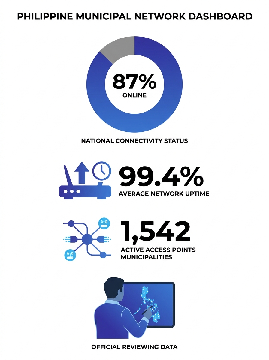 DICT official reviewing network performance dashboard showing municipal-level connectivity data across Philippine archipelago