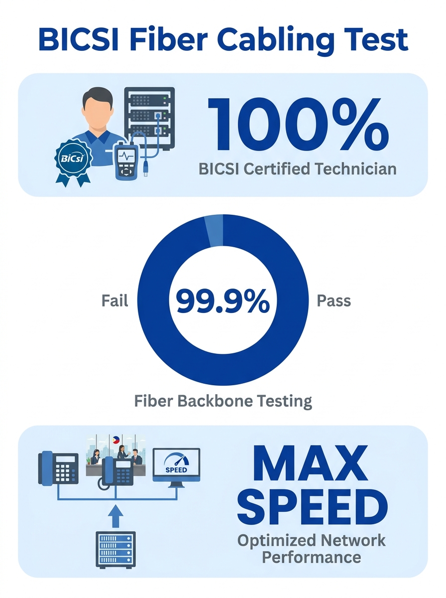BICSI-certified technician testing fiber optic backbone cabling in commercial building equipment room