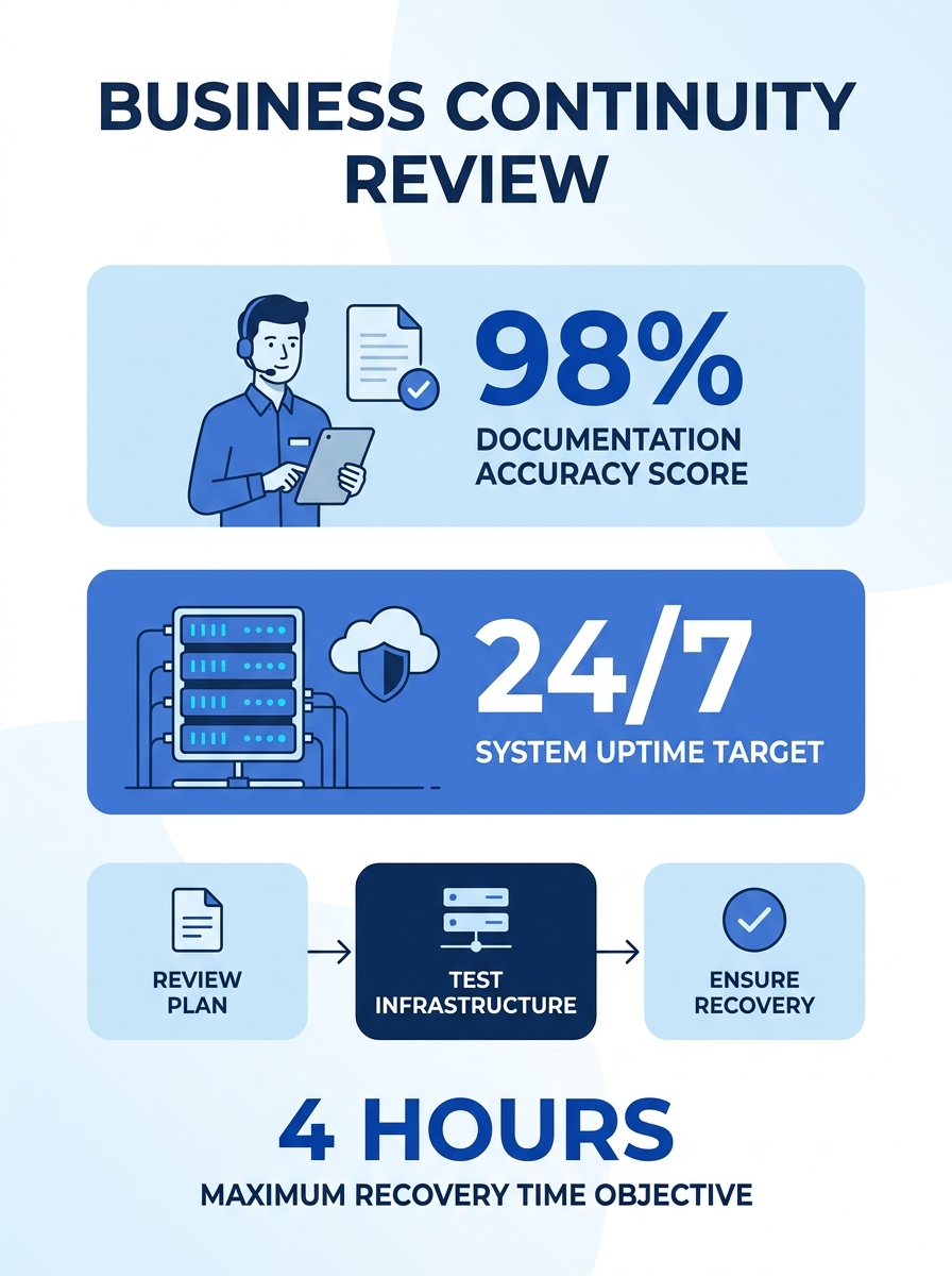 IT manager reviewing business continuity documentation with server infrastructure in background