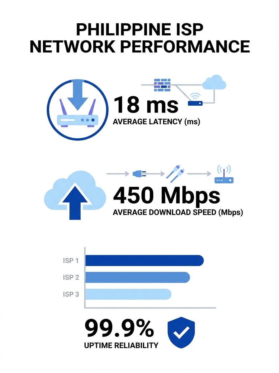 Network monitoring dashboard showing latency and speed metrics for Philippine ISPs