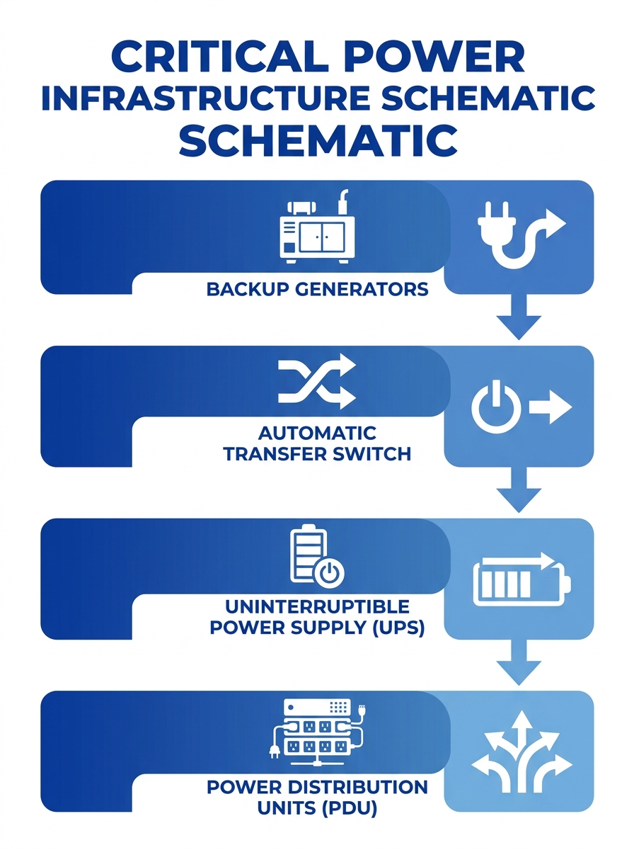 Multi-layered critical power infrastructure schematic showing UPS systems, backup generators, automatic transfer switches, and power distribution units in enterprise data center environment