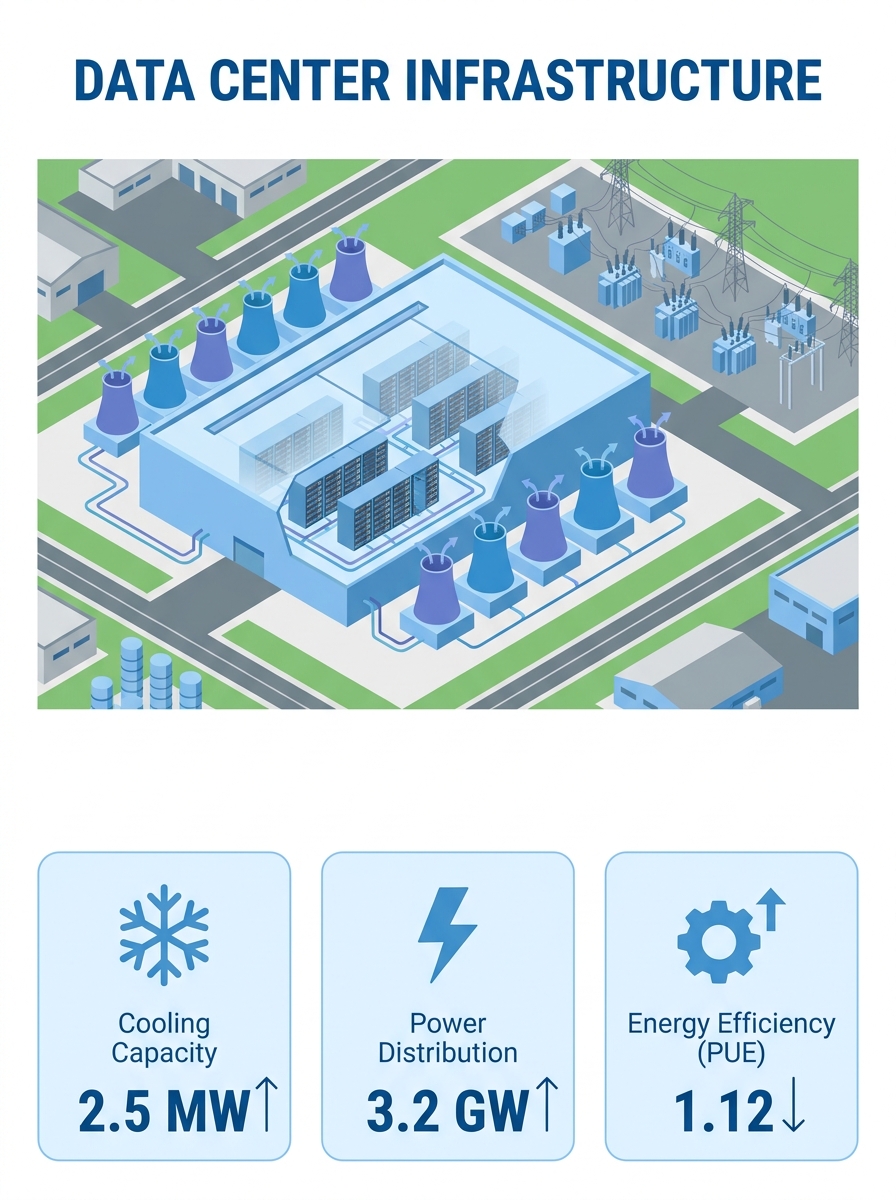 Aerial view of a large-scale data center facility with rows of cooling infrastructure and power distribution equipment in a modern industrial park setting