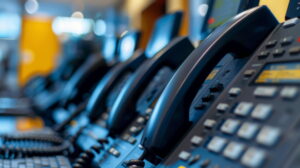 A row of black office IP desk phones lined up on a desk