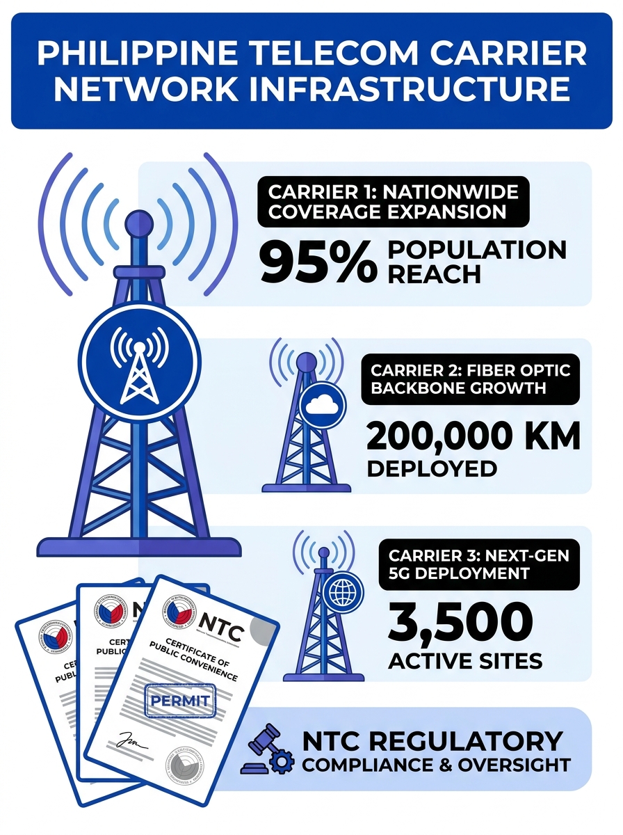 Three Philippine telecom carrier network infrastructure towers with NTC regulatory documents in foreground