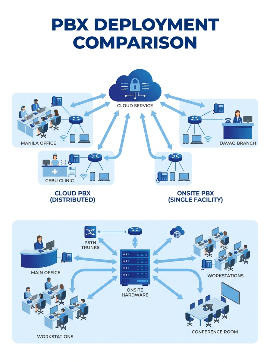 Side-by-side comparison showing cloud PBX network diagram with distributed offices connected via internet to central cloud service, versus onsite PBX diagram showing local server hardware connecting d