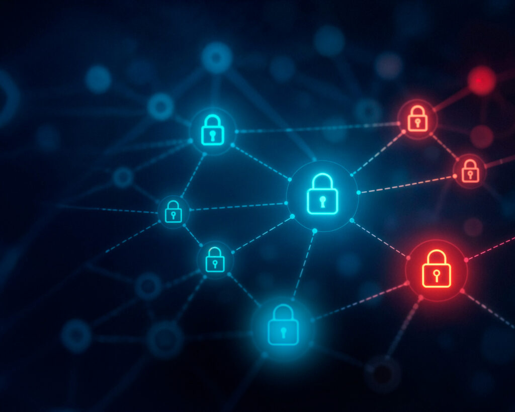 An abstract digital network map featuring interconnected glowing blue and red padlock icons.