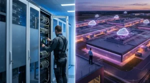 Split-screen image comparing a technician servicing an on-premise server rack with an aerial view featuring cloud network overlays.