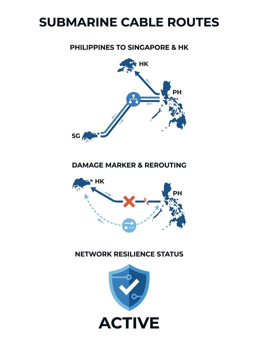Map showing submarine cable routes connecting Philippines to Singapore and Hong Kong with damage markers and rerouting paths indicated